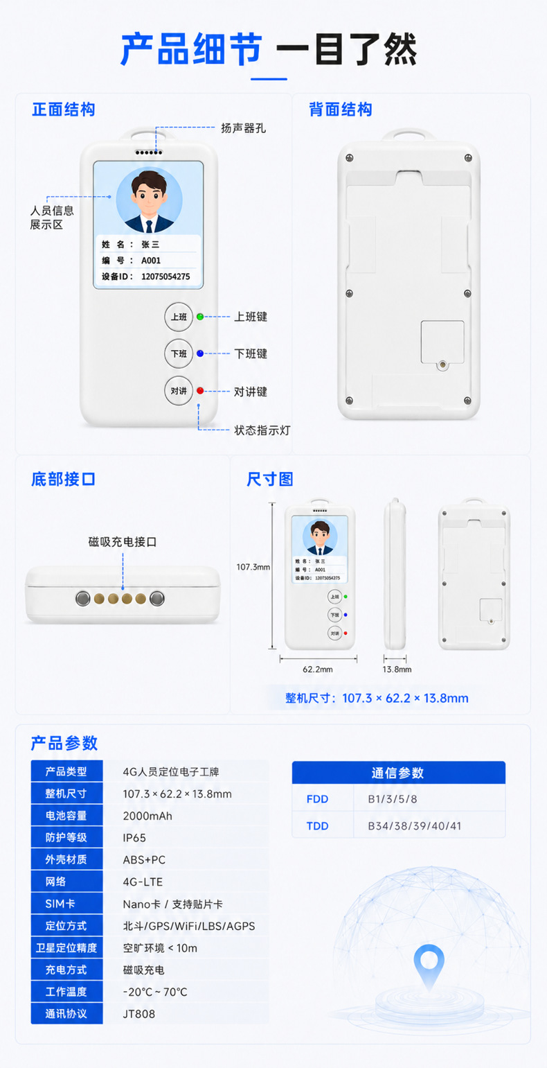 4G electronic work badge personnel locator, employee location tracking, attendance check-in, public network intercom, intelligent Beidou GPS positioning