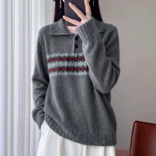 新系列秋冬韩系简约休闲百搭撞色条纹毛衣翻领长袖针织衫女装上衣
