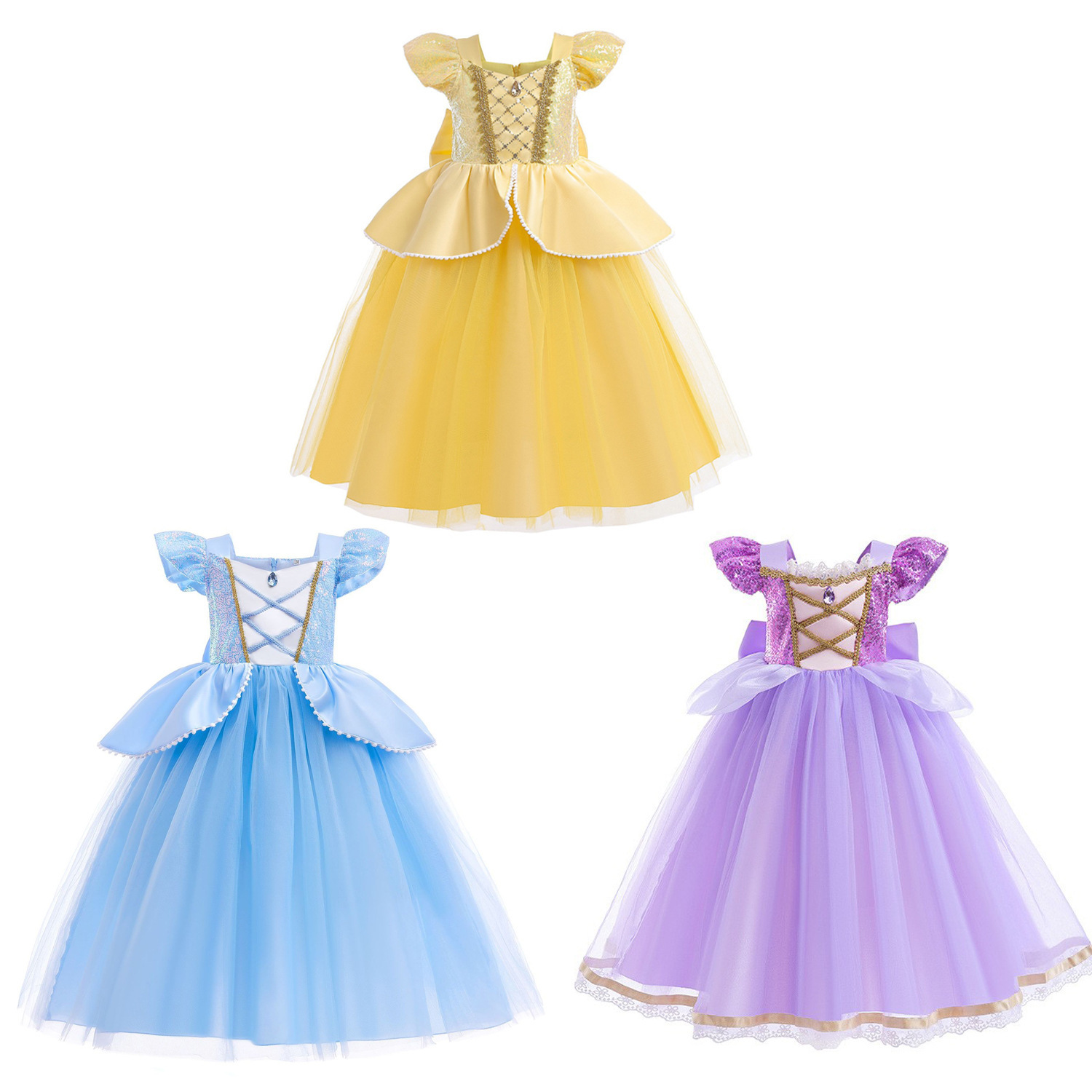 Cross-Border Export Cinderella Princess Dress Girls Sequin Patchwork Mesh Puffy Long Hair Dress Bell