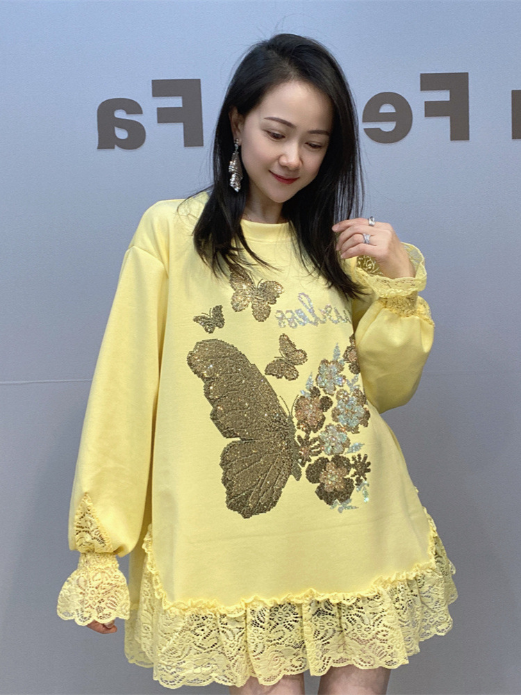Algodón espacial de mujeres transfronterizas suelta gran camiseta de mangas largas de encaje de primavera y otoño de taladro caliente de cuello redondo camiseta