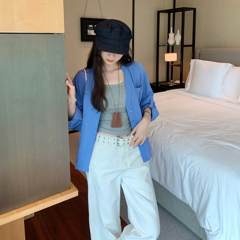 法式漂亮亚麻V领蓝色衬衫外套女2025早秋新款高级感chic别致上衣|undefined