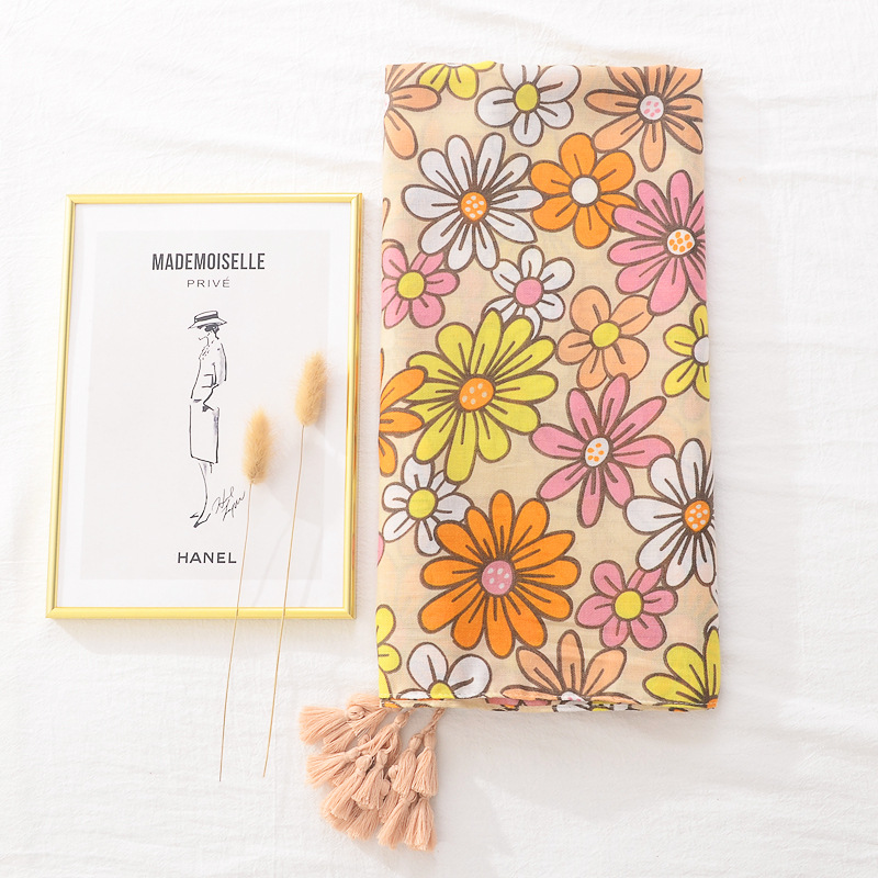 Amazon transfronterizo primavera y verano protección solar chal largo bufanda de seda delgada Margarita borla impresa bufanda de algodón y lino