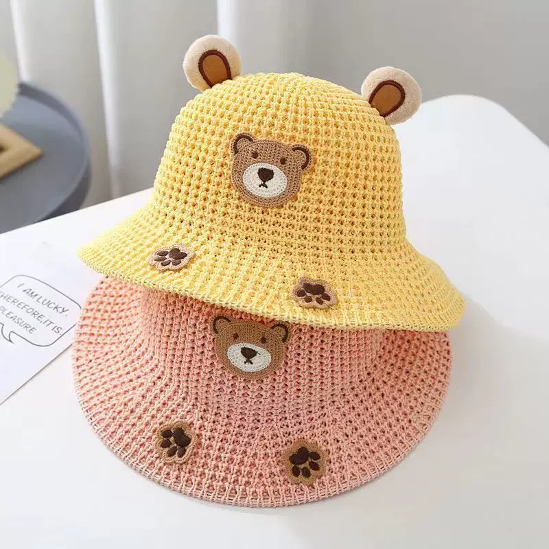 宝宝遮阳防风绳子帽儿童渔夫帽韩版手编小熊可爱超萌卡通透气速干