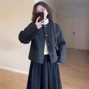 Round Neck dark gray Korean Style French Style Chanel Style Coat Loose Woolen Coat Women's Autumn and Winter Short Woolen Coat