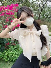 温柔风蝴蝶结荷叶边泡泡袖衬衫女夏季新款洋气百搭显瘦上衣潮