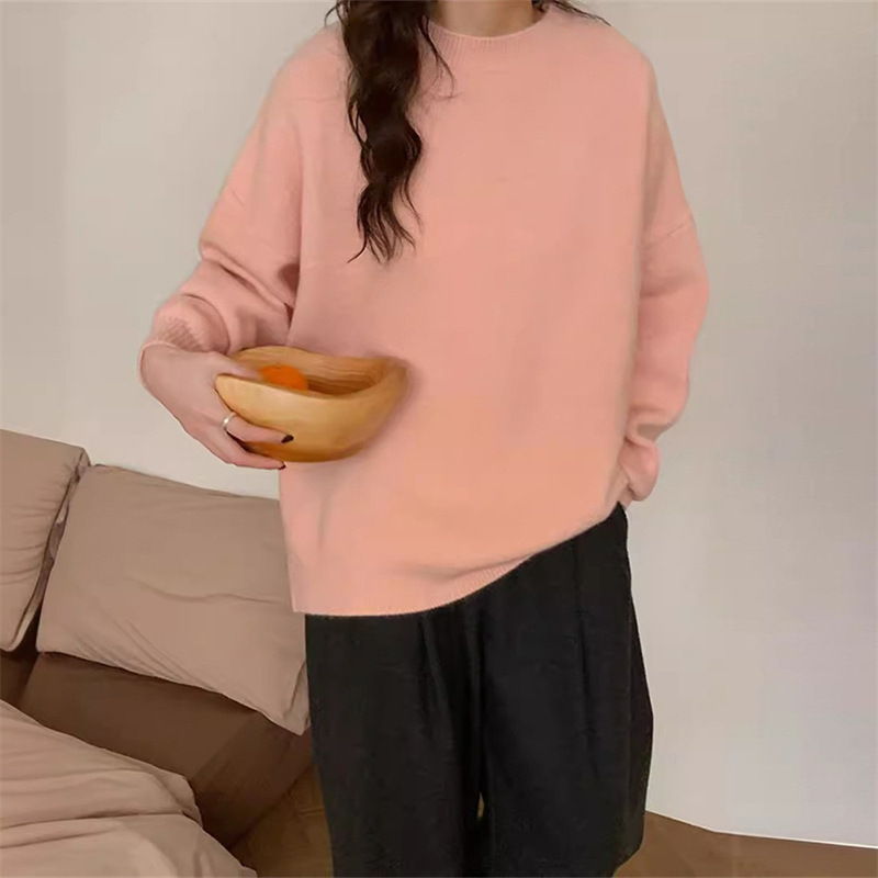 Coreano casual retro color sólido suéter de cuello redondo para mujeres otoño y invierno nuevo estilo de vestir suelta camisa de punto de estilo portugués