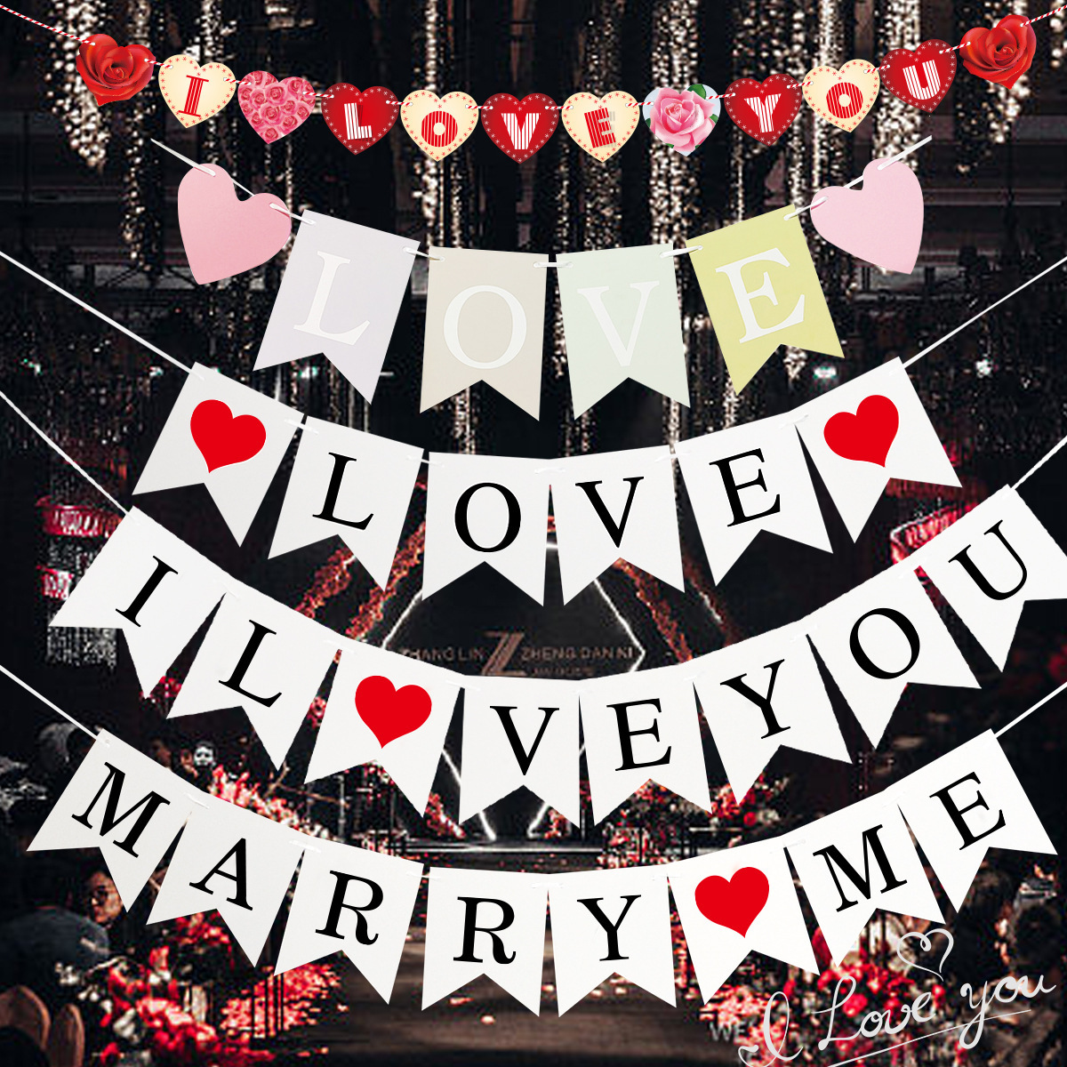Día de San Valentín amor decoración de bandera I love you amor propuesta de boda bandera de decoración de baúl