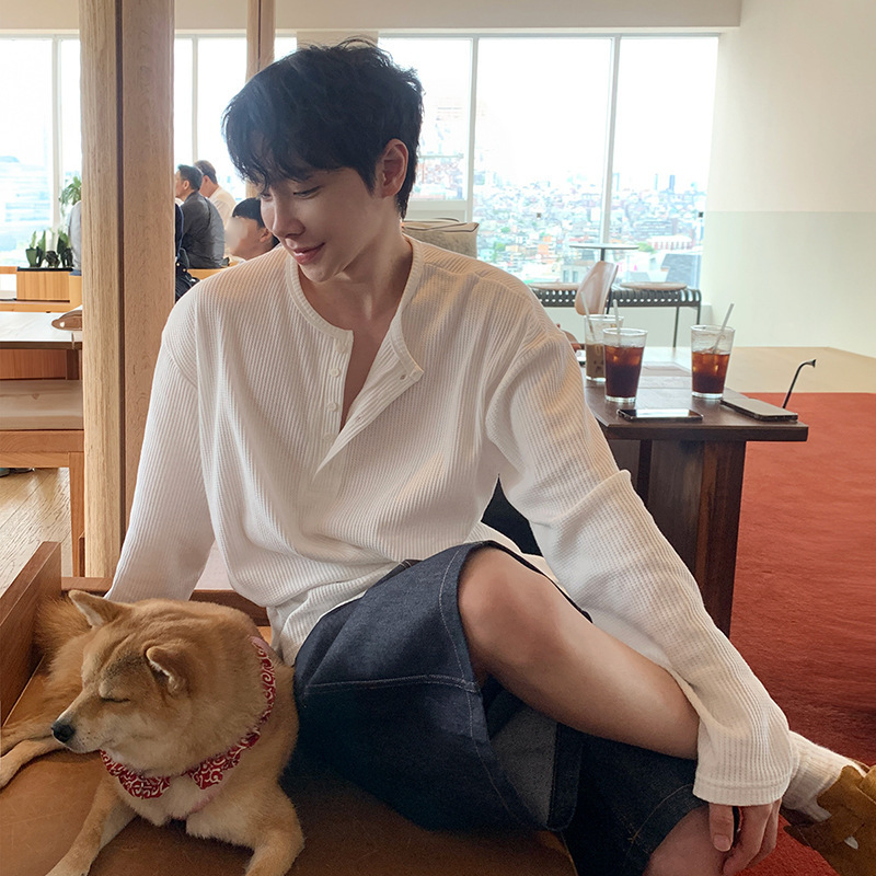 Henry Collar Long-sleeved T-shirt Vertical Stripe Men's Autumn New Casual Loose Korean Style High-end Simple Fashion T-shirt