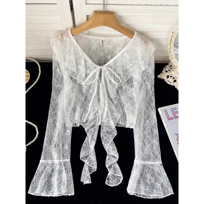 Ruffled Lace-Up Short Lace Sunscreen Cardigan for Women Summer Thin Trumpet Long-Sleeved Chiffon Jacket Shawl Top Ruffled Lace-Up Short Lace Sunscreen Cardigan for Women Summer Thin Trumpet Long-Sleeved Chiffon Jacket Shawl Top