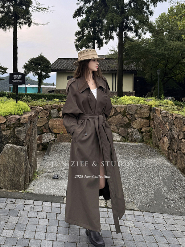 风衣外套女长款高个子韩系英伦风气质秋季新款翻领收腰双排扣大衣|undefined