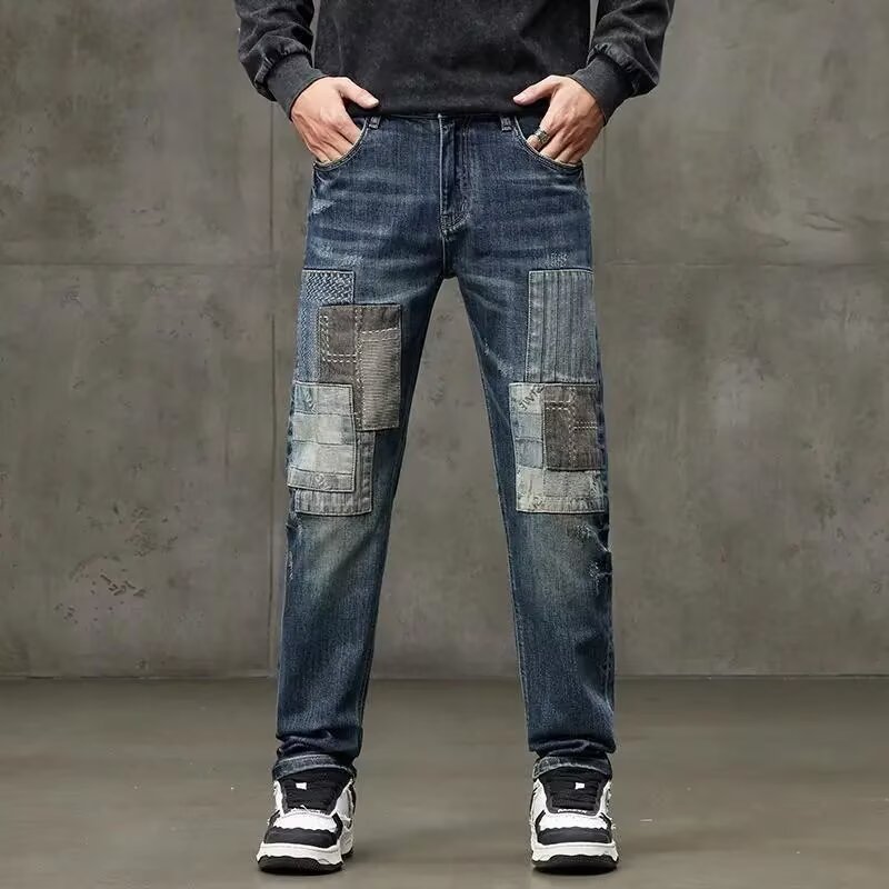 Heren retro patchwork jeans losse straight leg casual broek_voghion.com