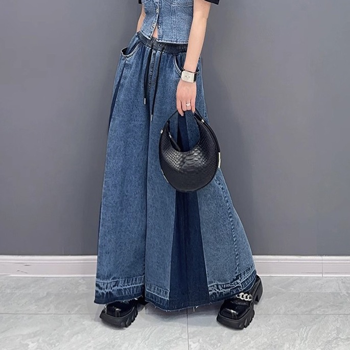 Calle americana plisado lavado contraste color jeans mujeres otoño nueva moda suelta estilo occidental casual pantalones de pierna ancha