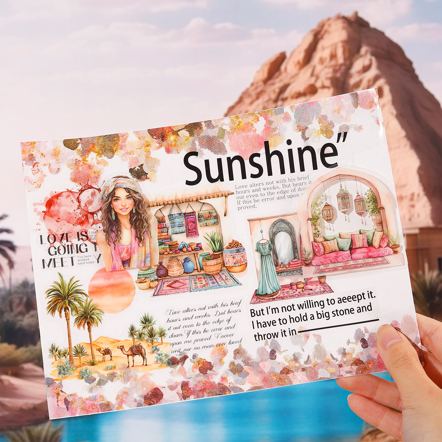 Paquete de pegatinas de buen día, pegatinas de paisajes de viajes exóticos, collage de decoración de bricolaje de cuenta de mano retro