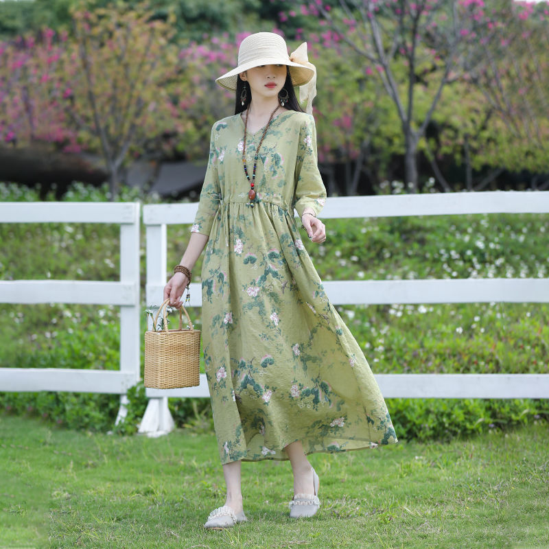 Italian Foreign Trade Export Tail Sheet Cut Label Women's Summer New Five-point Sleeve Art Floral Cotton Linen Long dress