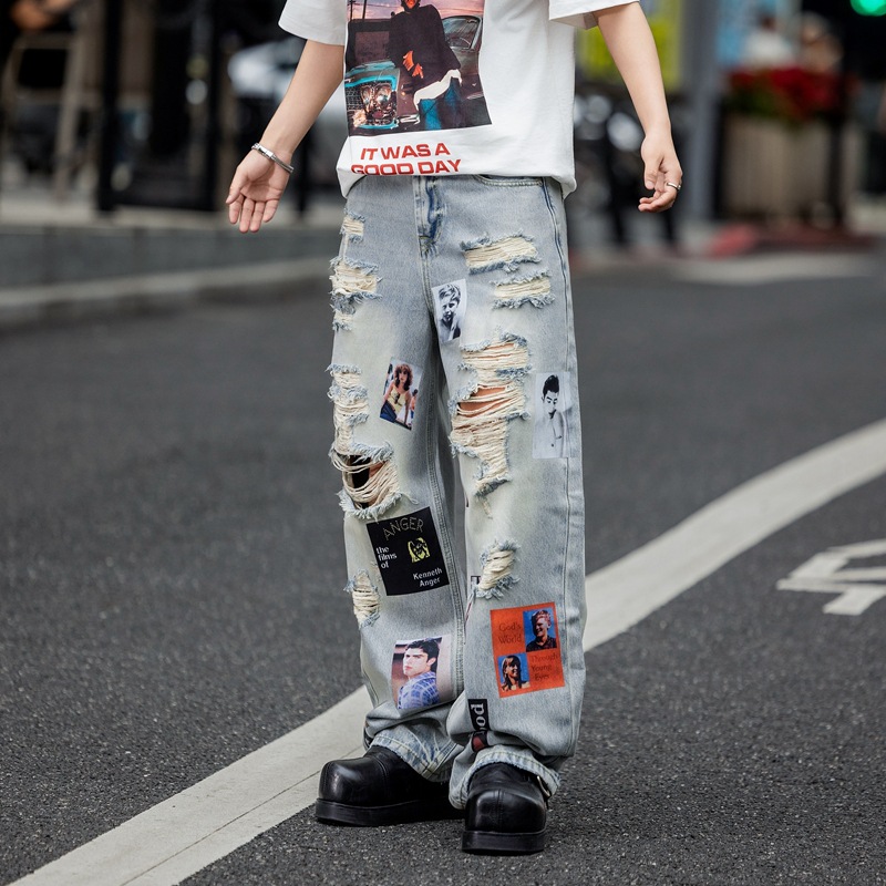 Jeans Rectos con Estampado y Desgastado para Hombre, Algodón y Denim, Diseño Rasgado, Corte Recto, para Primavera y Otoño