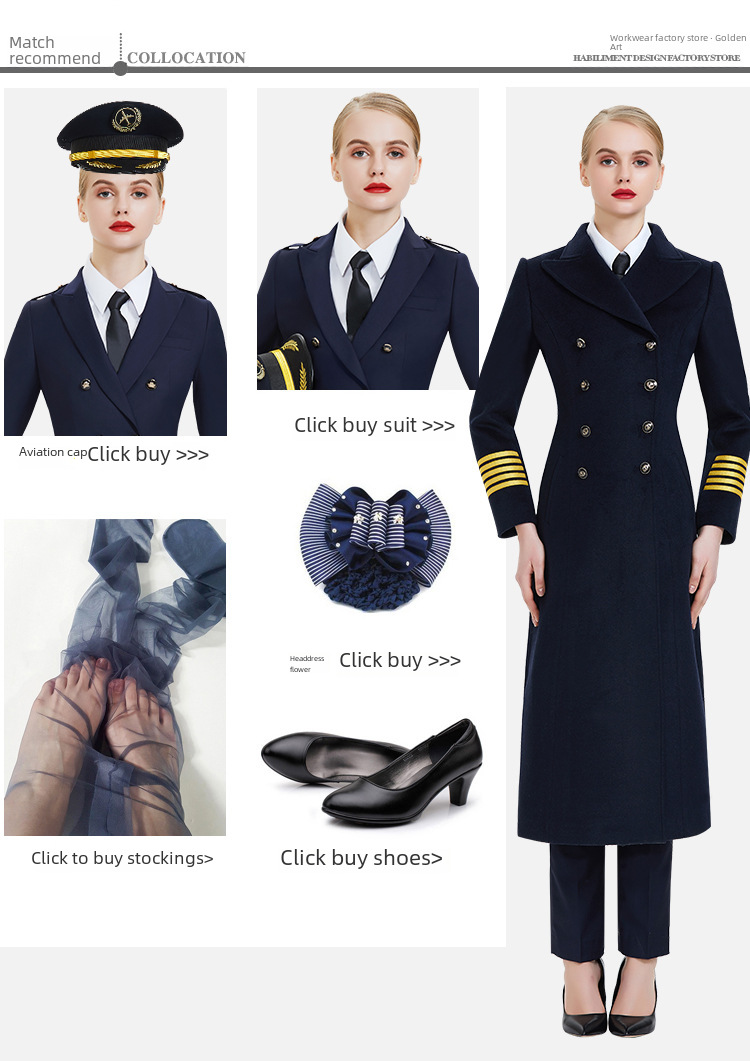 Stewardess-Mantel Damen Mittellanger Herbst- und Winter-Wollmantel für Flugkapitän/Pilot/Bodenabfertigung am Flughafen_voghion.com