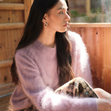 港米服饰/云雾感水洗拉绒技术_极简宽松圆领上衣羊毛羊绒毛衣女