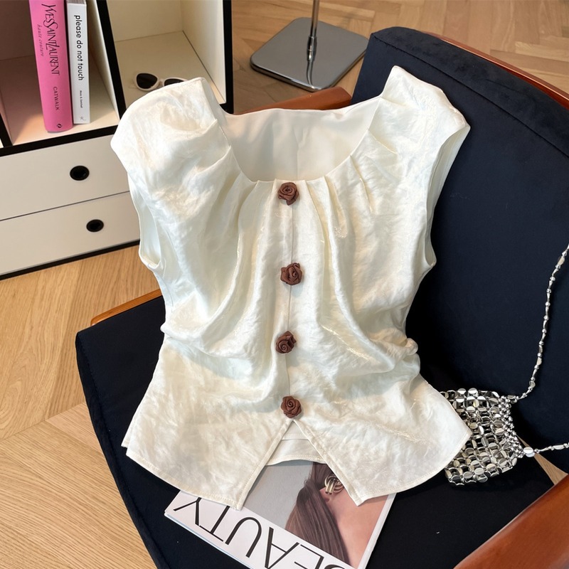 2025 夏の新スタイルフレンチスイート立体フラワーノースリーブシャツ女性のルーズ痩身多用途トップ|undefined