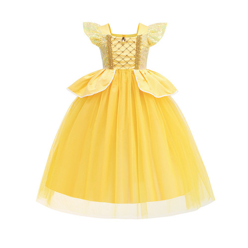 Children's dress, princess Cinderella-style, with mesh lace and puff sleeves, for kids' stage performance and party.