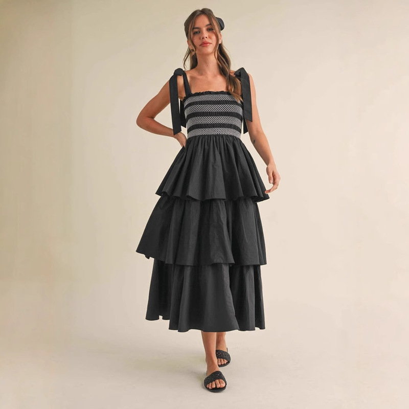 25 Amazon Cross-Border Foreign Trade European and American Women's Summer Vacation Style Dress with Patchwork Straps and Multi-Layered Cake Dress
