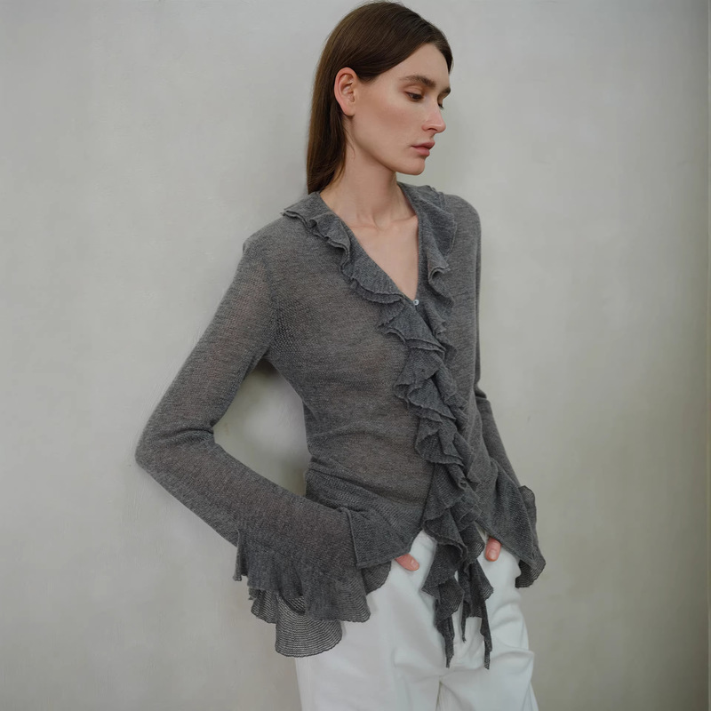 Hanyuan Apparel/26 Spring New Women's Cardigan with Petal Edge, Slightly Sheer Wool Knit, Brushed Yarn Design
