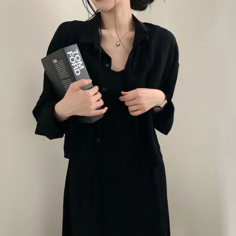 韓国版chi春秋フランスレトロ気質減齢セクシーストラップワンピースシャツコート2点セット女性|undefined
