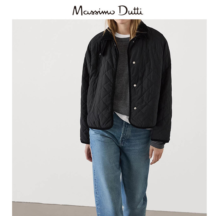 Massimo Dutti Women's 2026 Autumn and Winter New Diamond Pattern Quilted Short Lapel Cotton Jacket for Women