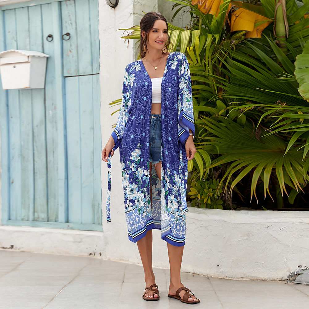 3-color transfronterizo europeo y americano bohemio cardigan kimono rayón impreso playa blusa bikini ropa de protección solar 3824