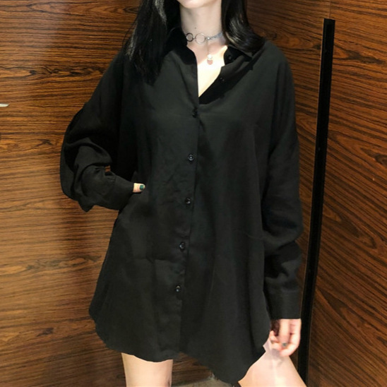 2025春秋港风新款复古宽松V领长袖衬衫女冷淡风黑色百搭慵懒衬衣|undefined