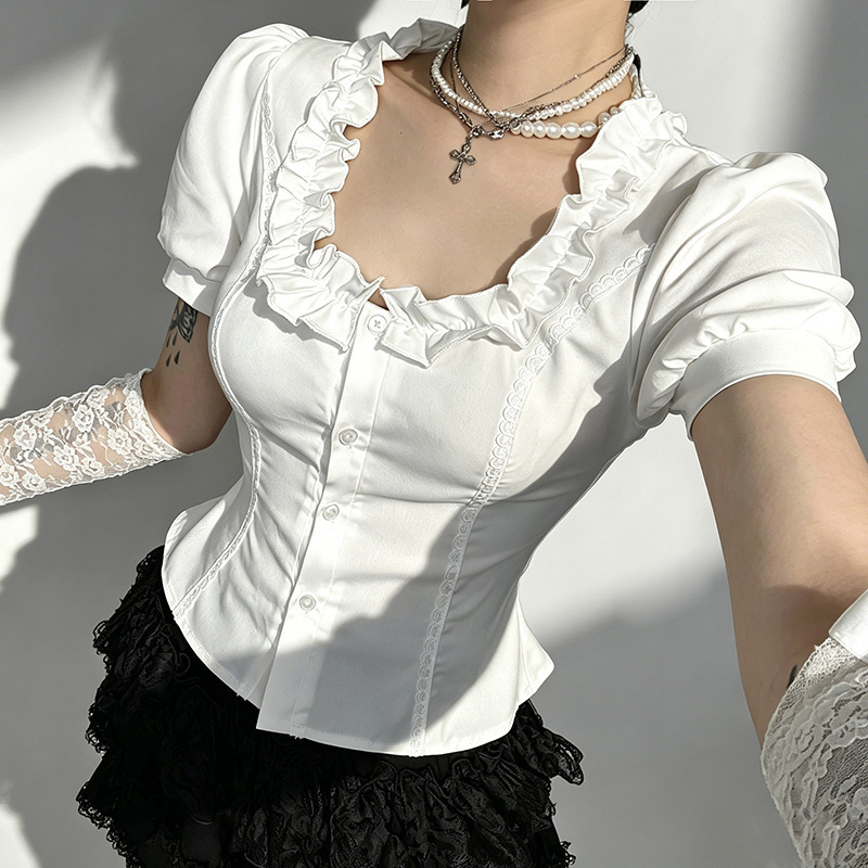 Xs26135 Cross-Border Summer Clothing New Korean Style Sweet Ruffled Sleeve Shirt Slim Fit U-Neck Sexy Shirt Xs26135 Cross-Border Summer Clothing New Korean Style Sweet Ruffled Sleeve Shirt Slim Fit U-Neck Sexy Shirt