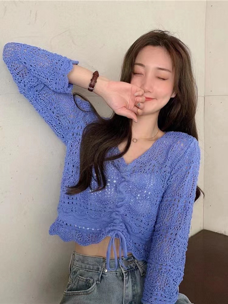 V Neck Neckline Comfort Function Regular Fit Fit Type Solid Color Pattern Wholesale Women's Vacation Solid Color Long Sleeve Hollow Out Sweaters & Cardigans