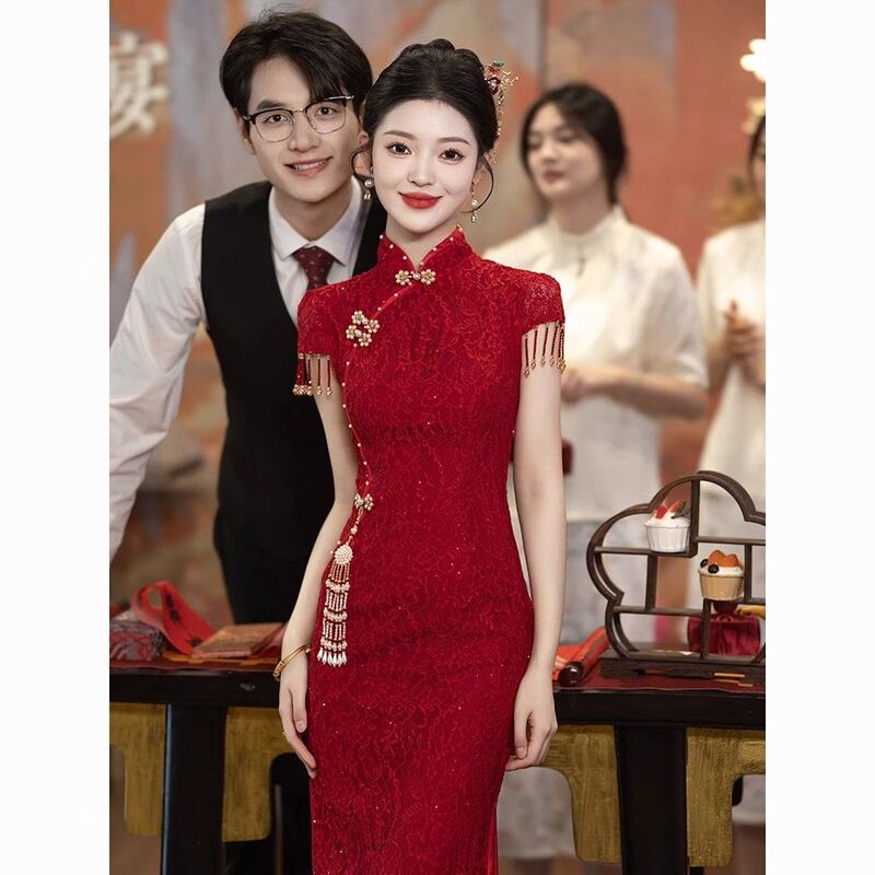 Burgundy Toast Dress, Bridal Qipao, Petite Engagement Dress, New Chinese-Style Wedding Dress for Women, Stunning Burgundy Toast Dress, Bridal Qipao, Petite Engagement Dress, New Chinese-Style Wedding Dress for Women, Stunning