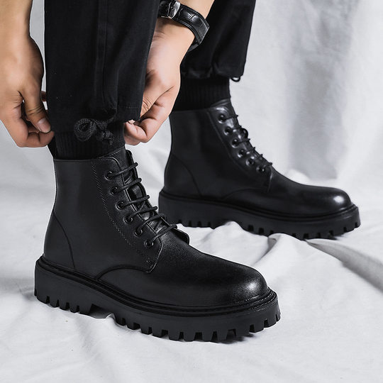 Internet Popular Martin Boots Men's High-top Trendy Spring and Autumn British Style Retro Mid-top Leather Shoes Heightened Black Leather Boots