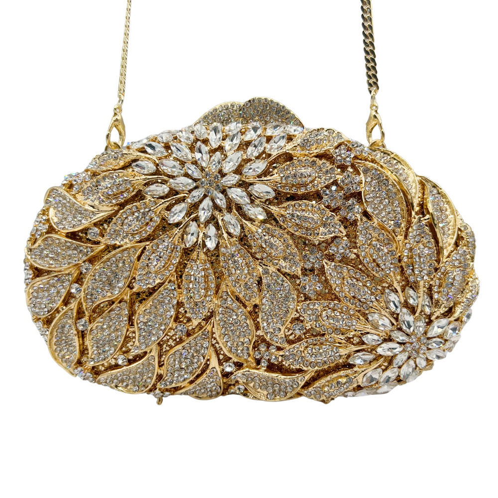 Bolsa de embrague hoja de flores de diamantes bolsas de banquete bolsas de mano de mujer bolsas de diamante metal hueco caja dura