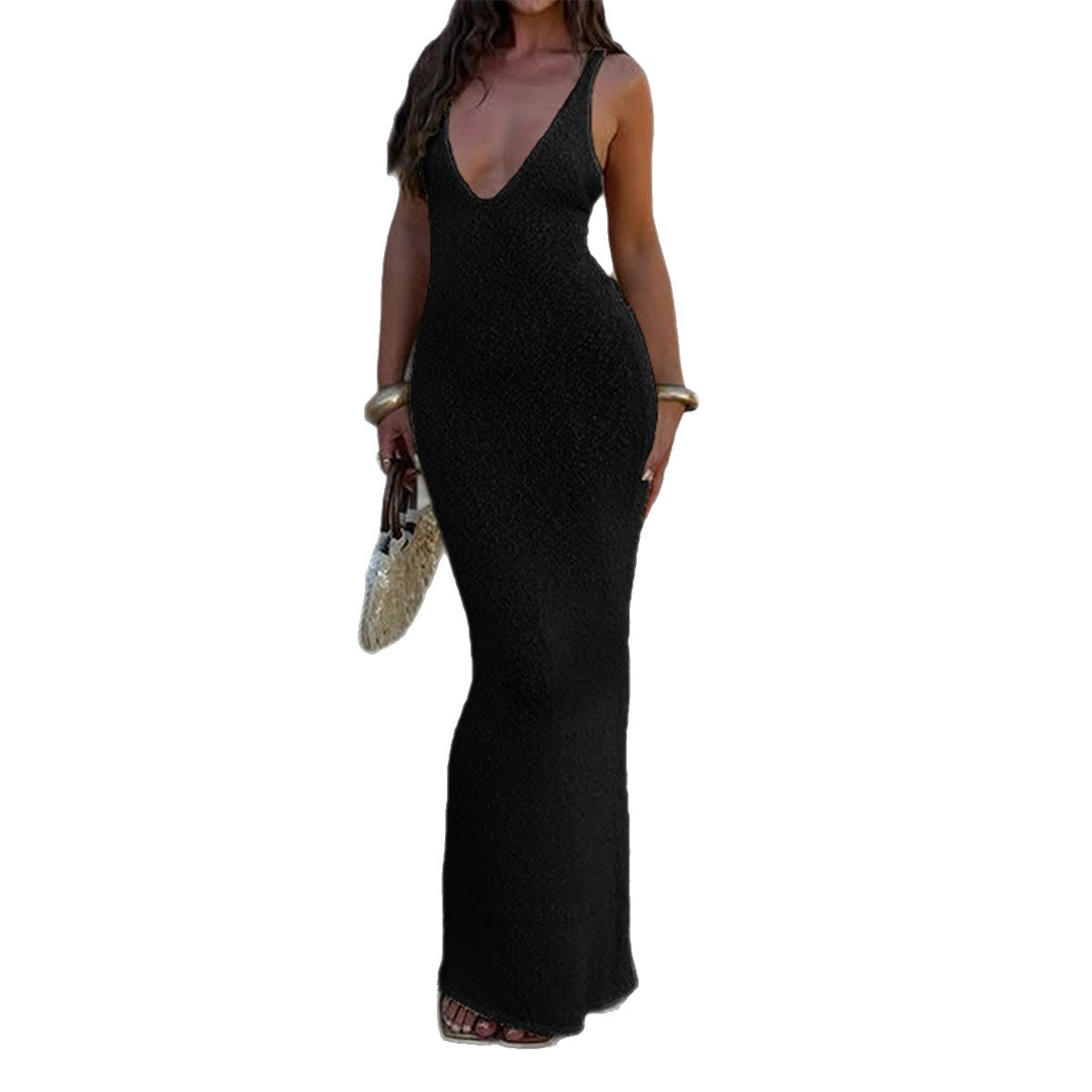 Women Elegant Mature Queen Style Spaghetti Strap Sexy Slim Knit Long Maxi Dress Party Evening Wear_ecoleips.com
