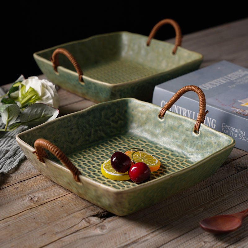Japanese-style coarse pottery hand-woven hemp rope binaural Basin Creative large plate green vegetable and fruit plate household silky wind tableware