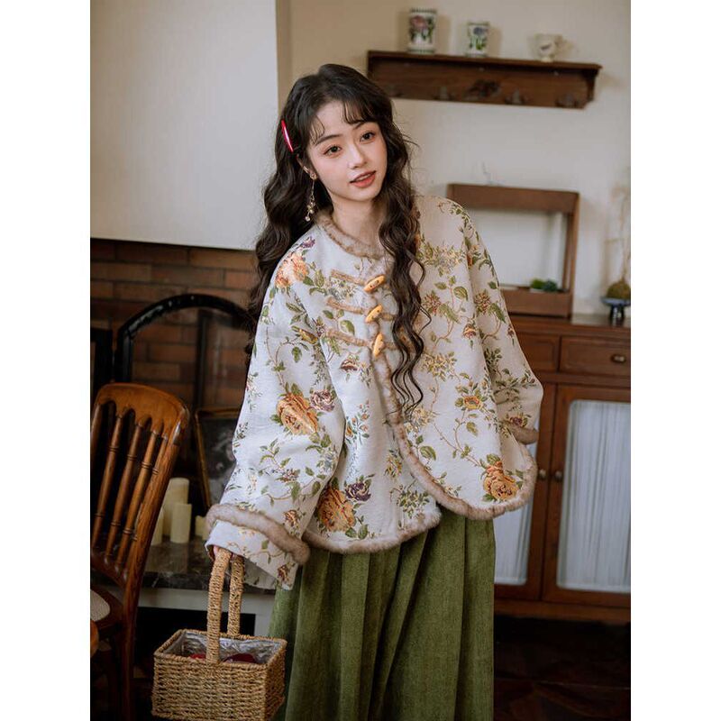 【Songying】Vintage Embroidered Improved Cheongsam Dress New Chinese Style Jacquard Fleece Jacket Girl's Autumn Winter Set