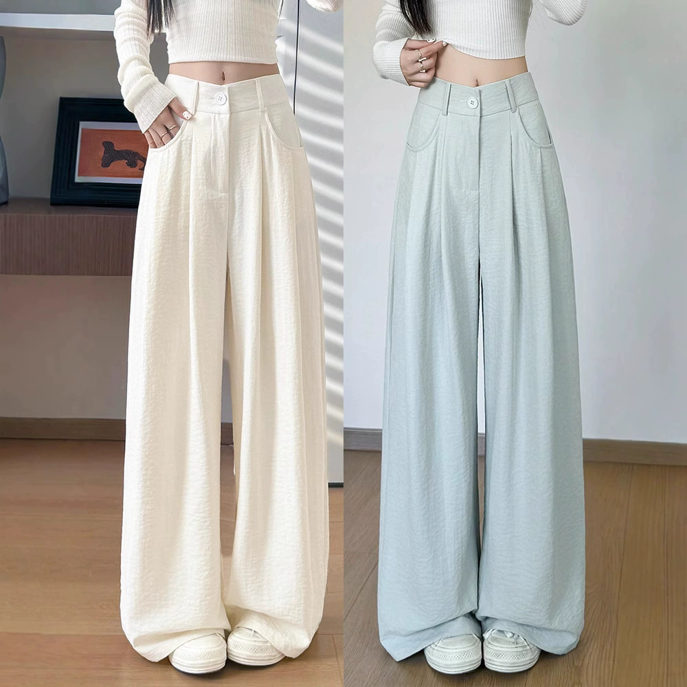 2025 новые молочные брюки женские летние брюки с высокой талией тонкие широкие брюки, японские и корейские ленивые прямые брюки