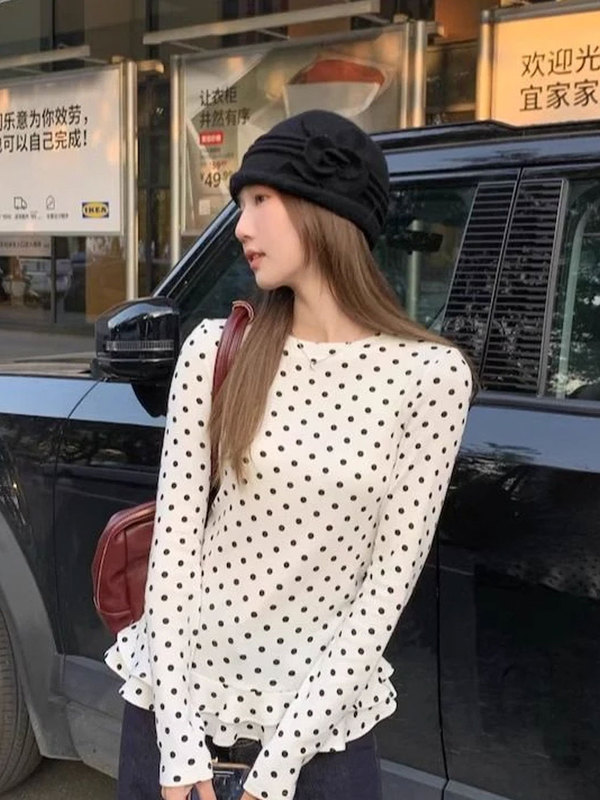 超好看独特漂亮波点打底衫t恤女早秋设计感修身显瘦内搭长袖上衣|undefined