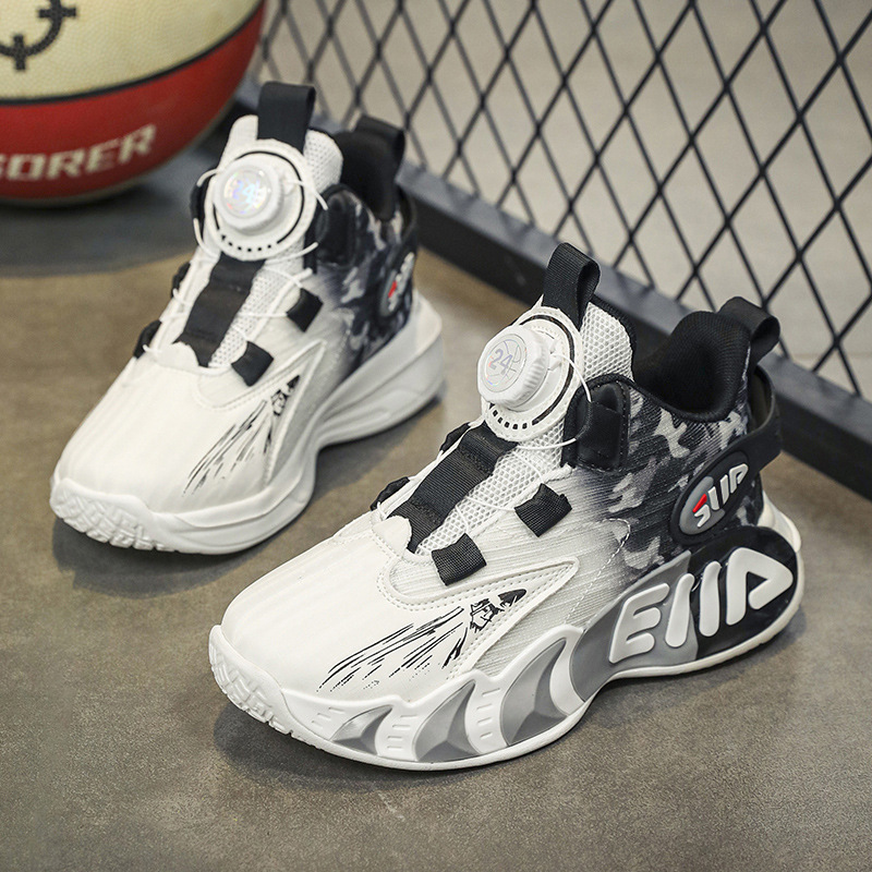 Zapatos de baloncesto para niños primavera y otoño nuevo botón de malla blanca zapatos deportivos fricción sonido zapatos de carrera