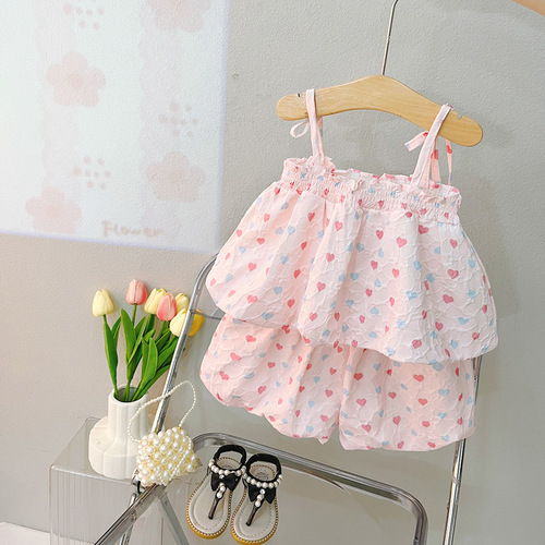 Children's Summer Set for Girls - 2241 Korean Version, Two-Piece Set Including Tank Top and Shorts with Heart Design, New Arrival Summer Clothing