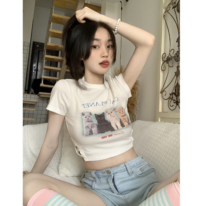 Gato de impresión SLIM-fit blanco de manga corta de la camiseta de las mujeres de verano dulce y picante recortada BM viento hombro bottoming Top moda image 4