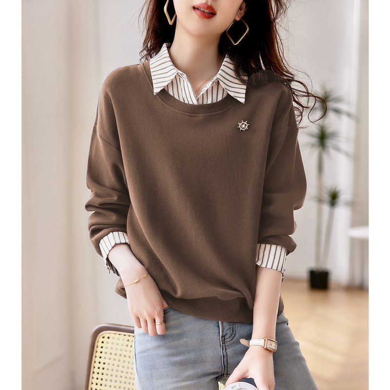 Outlet Discount Store Brand Clearance Fashion Casual Tops Women Spring and Autumn Holiday Two-Piece Striped Sweatshirt