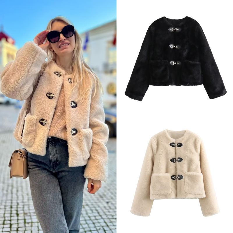 Za Cross-Border Export Spot European and American Style Women's Clothing Winter Aliexpress New Fashion Spring Buckle Fleece Jacket