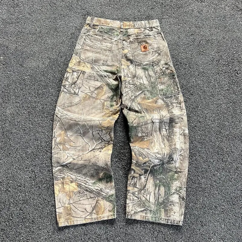 Cross-Border 2025 Carhartt Washed Camouflage Pants Branch Women's European and American Style Distressed Wide-Leg Loose Straight Jeans