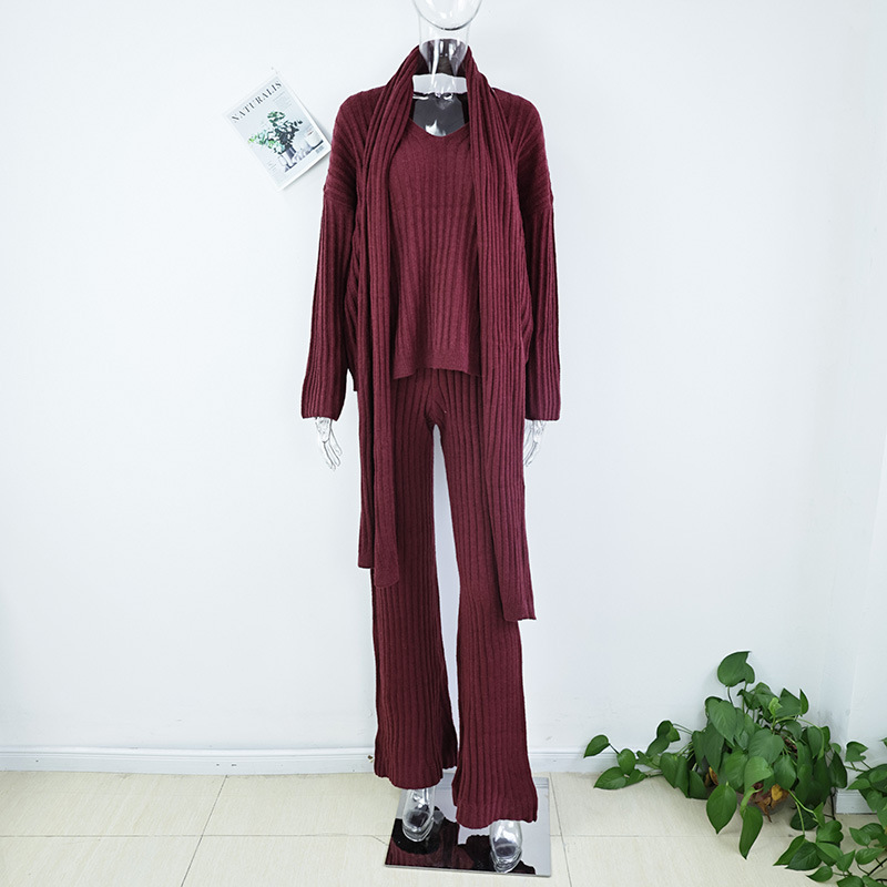 1055g Weight Long Sleeve Sleeve Length Polyester Fabric Type Pant Co-ord Set Sets Type 3 Pieces Set Quantity Holiday Occasion Round Neck Neckline Comfort Function Regular Fit Fit Type Solid Color Pattern Autumn Season Women's Gender Vacation, Simple Style Style Wine Red Color Holiday Wine Red Women's Vacation Simple Style Solid Color Polyester Pant Co-ord Set Pants Sets 无