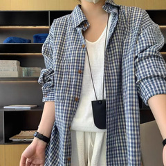 蓝色格子长袖衬衫女春夏秋新款防晒衬衣慵懒风宽松百搭上衣薄外套