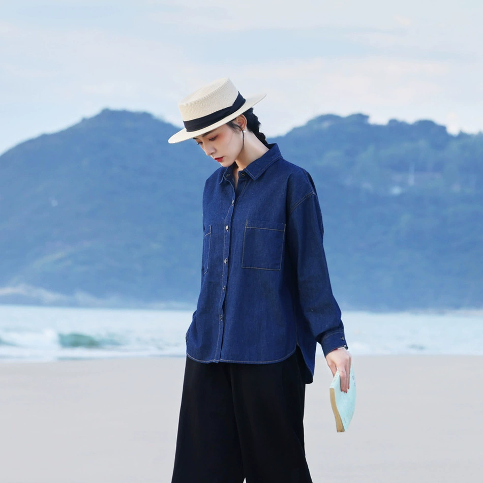 Льняная хлопок ретро свободная джинсовая рубашка женский 2025 весна и лето минималистичный кардиган с длинными рукавами