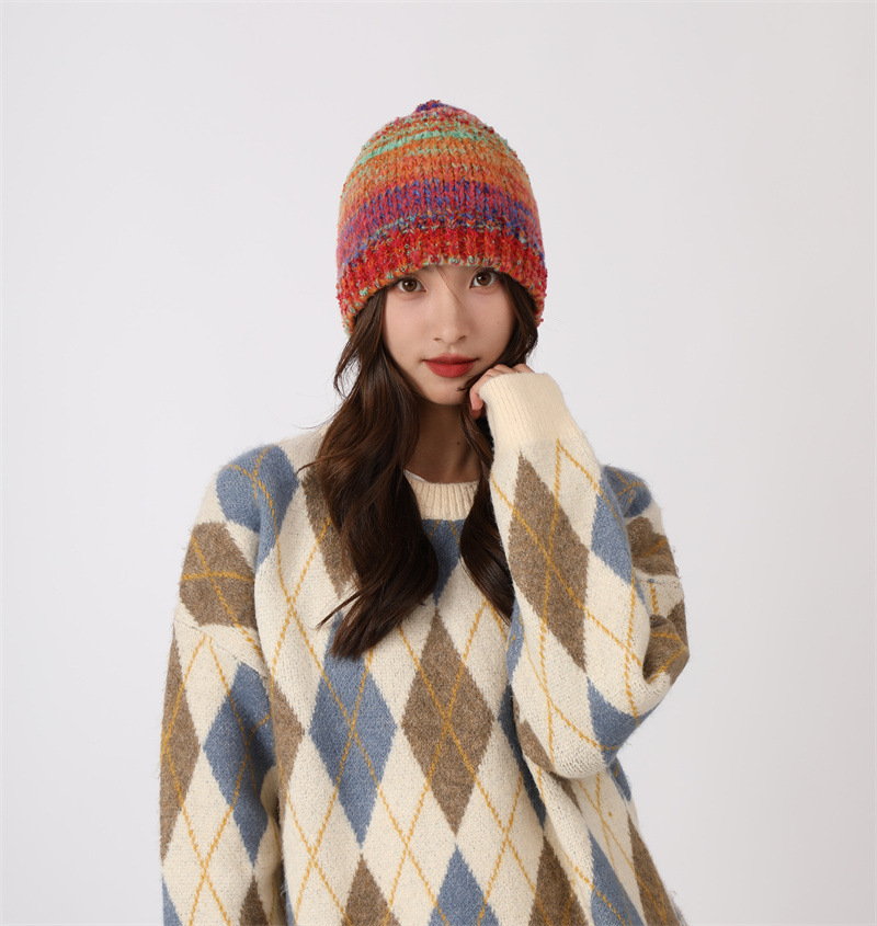 Dopamina Arcobaleno Colore Fatto a Mano per Bambini 2023 Nuovo Autunno/Inverno Lavorato a Maglia Baotou Caldo Freddo Cappello Set_voghion.com