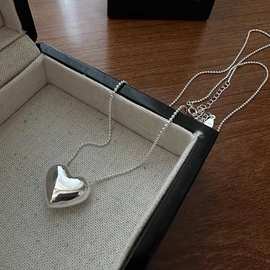 韩版S925纯银设计感基础款光面爱心项链时尚简约质感毛衣链高级感